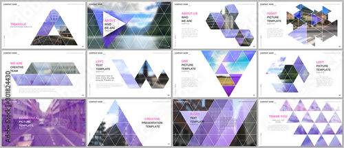 Minimal presentations design, portfolio vector templates with triangular design background, triangle style pattern. Multipurpose template for presentation slide, flyer leaflet, brochure cover, report.