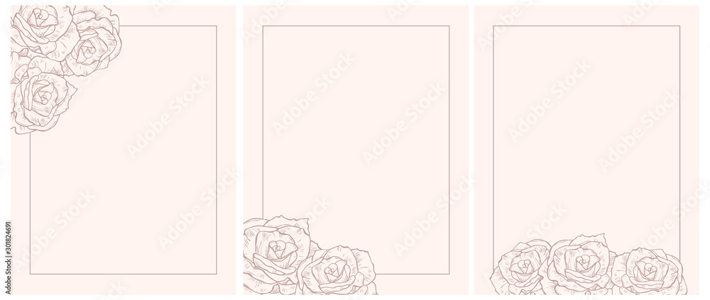 Obraz premium Set of 3 Roses Vector Illustration. Light Brown Sketched Rose Flowers in Simple Frame Isolated on a Light Blush Pink Background.Lovely Elegant Cards. Floral Hand Drawn Arts. Illustration Without Text.