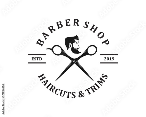 Barber shop logo template. Handsome man with beard and mustache. Scissors. Barber shop symbol.