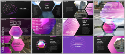Minimal presentations design, portfolio vector templates with hexagonal design pink color pattern background. Multipurpose template for presentation slide, flyer leaflet, brochure cover, report.