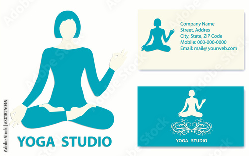 Yoga - business card with requisites, blue color - silhouette of a girl with a raised hand, sitting in asana pose - vector. Sport business. Yoga Salon.