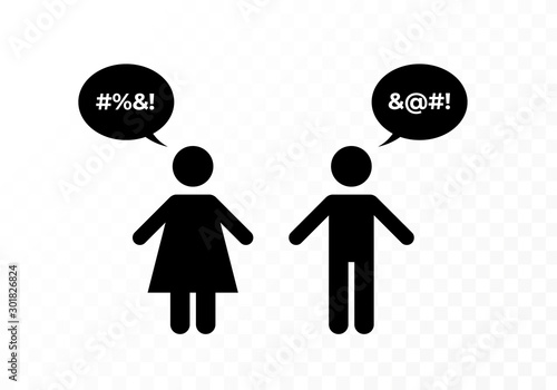 Vector black bad speech language people icon i0llustration. Man and woman couple with censored talk bubble chat isolated on transparent background. Design element for hate banner, poster, web.