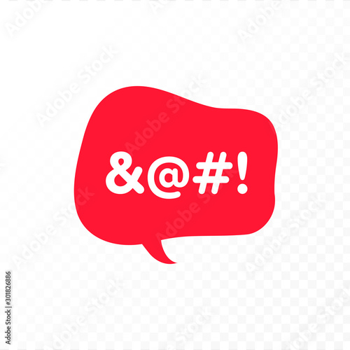 Vector color bad speech language icon illustration. Red talk bubble with censored text isolated on transparent background. Design element for hate banner, poster, web, meme, logo
