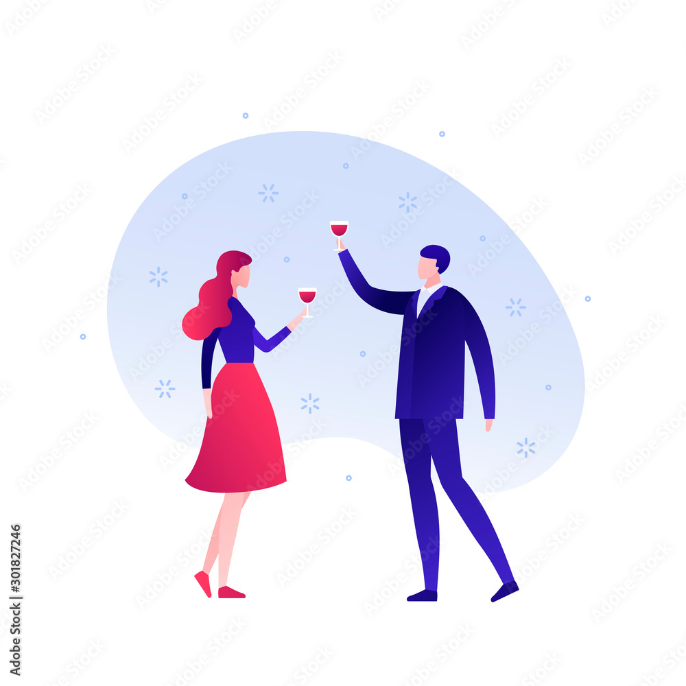 Vector flat holiday celebrate people illustration. Man and woman holding wineglass isolated on white background. Corporate business and date concept Design element for banner, poster, web, infographic Vector flat holiday celebrate people illustration. Man and woman holding wineglass isolated on white background. Corporate business and date concept Design element for banner, poster, web, infographic