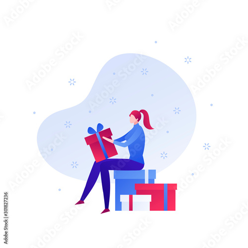 Vector flat gift box holiday people illustration. Woman sitting on pack of giftboxes unwrap present isolated on white background with snow. Design element for banner, poster, web, infographics.