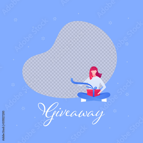 Vector flat gift box giveaway holiday people illustration. Woman sitting unwrap giftbox with copyspace for photo. Design element for banner, poster, web, social media post, advertisment, competition.