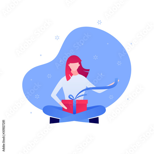 Vector flat gift box holiday people illustration. Woman sitting unwrap giftbox with ribbon isolated on white background with snow. Design element for banner, poster, web, infographics.