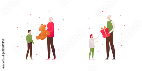 Vector flat family celebration illustration. Grandmother and grandfather give present box and toy to kids isolated on white background. Concept of grandparents love. Design for banner, poster, web.