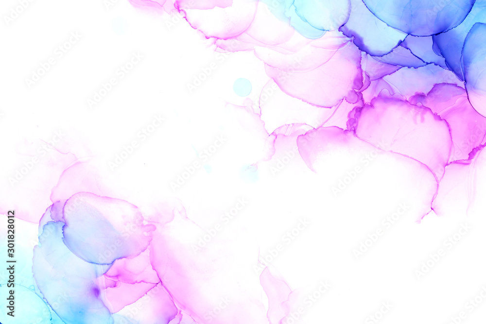 Delicate abstract hand drawn watercolor background in pink and blue tones. Alcohol ink art. Raster illustration.