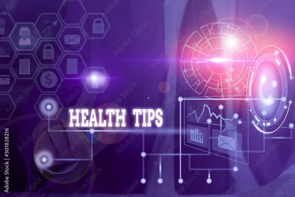 Conceptual hand writing showing Health Tips. Concept meaning advice or information given to be helpful in being healthy Picture photo network scheme with modern smart device Conceptual hand writing showing Health Tips. Concept meaning advice or information given to be helpful in being healthy Picture photo network scheme with modern smart device