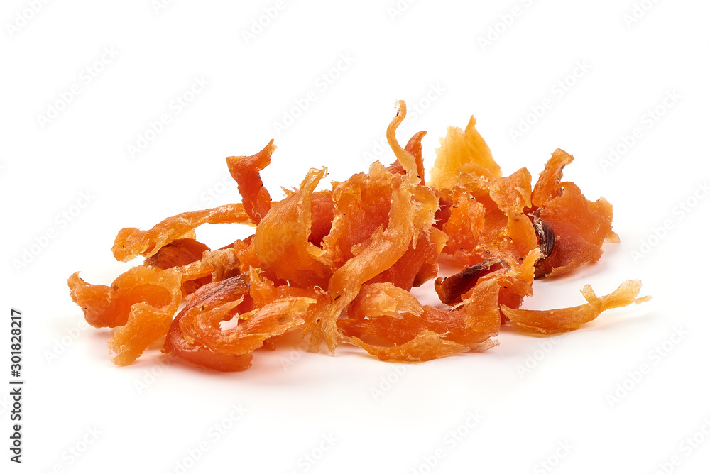 Dried Smoked Salmon Jerky with Salt and Pepper, isolated on white