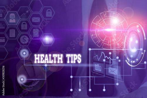 Conceptual hand writing showing Health Tips. Concept meaning advice or information given to be helpful in being healthy Picture photo network scheme with modern smart device