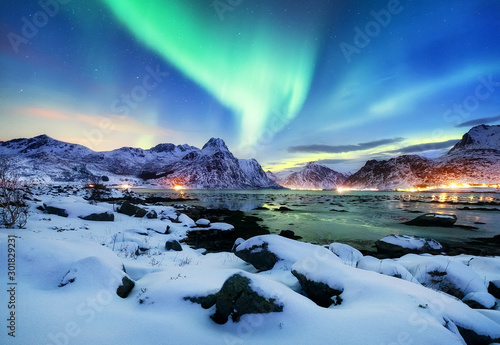 Aurora Borealis, Lofoten islands, Norway. Nothen light, mountains and frozen ocean. Winter landscape at the night time. Norway travel - image © biletskiyevgeniy.com