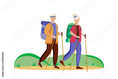 Budget tourism flat vector illustration. Hiking activity. Cheap travelling choice. Active vacation. Elderly couple on a mountain trip. Walking tour isolated cartoon character on white background