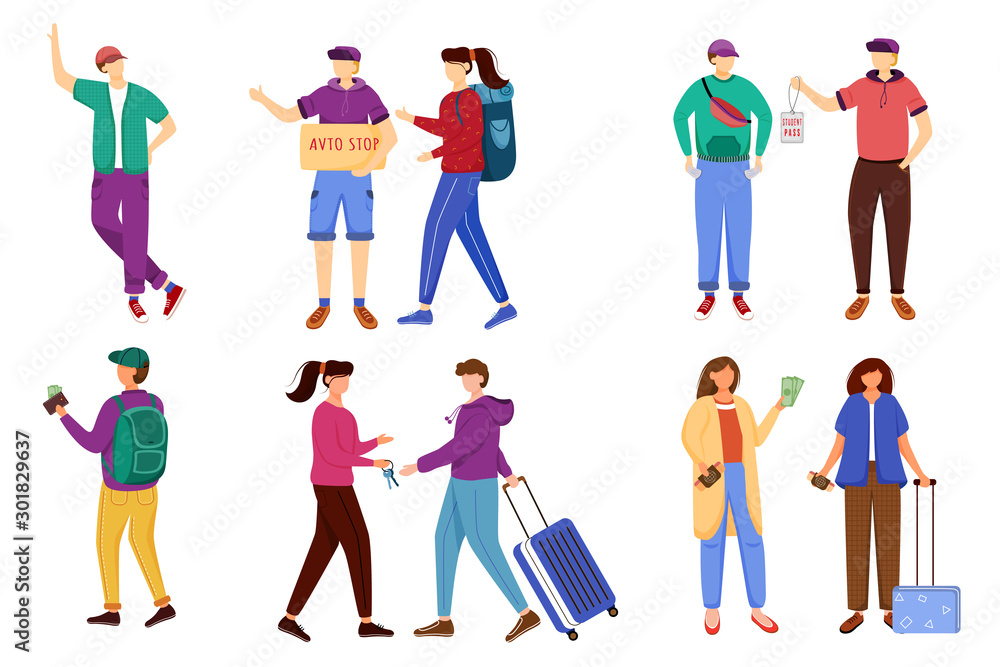 Budget tourism flat vector illustrations set. Getting ready for trip. Discounts for students. Renting apartment, couchsurfing. Cheap travelling ideas for students isolated cartoon characters