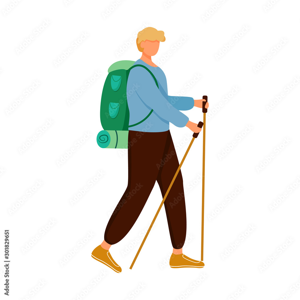 Boy with hiking sticks flat vector illustration. Camping activity. Cheap travelling choice. Active vacation. Budget tourism. Walking tour isolated cartoon character on white background Boy with hiking sticks flat vector illustration. Camping activity. Cheap travelling choice. Active vacation. Budget tourism. Walking tour isolated cartoon character on white background