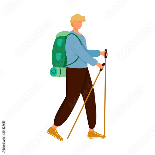 Boy with hiking sticks flat vector illustration. Camping activity. Cheap travelling choice. Active vacation. Budget tourism. Walking tour isolated cartoon character on white background