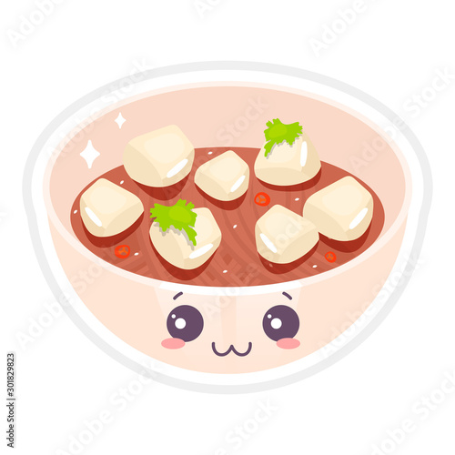 Chinese cute kawaii vector character. Tofu ma po bowl with smiling face. Asian traditional dish with dumplings. Woton noodles. Funny emoji, emoticon. Isolated cartoon color illustration