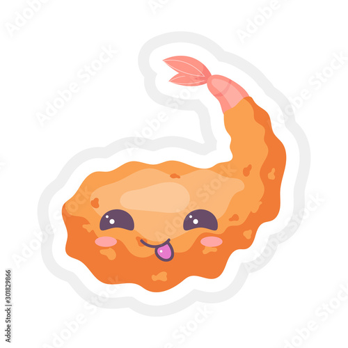 Chinese king prawn cute kawaii vector character. Asian seafood with smiling face. Eastern traditional cuisine. Chinese fried spicy shrimp. Funny emoji, emoticon. Isolated cartoon color illustration