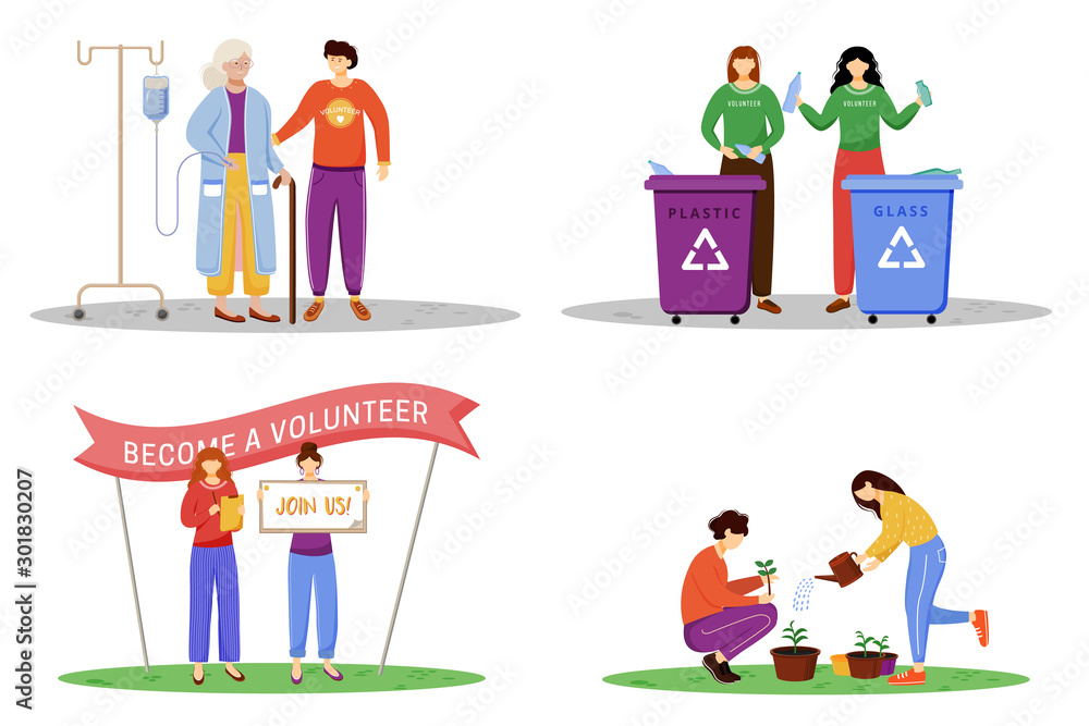 Voluntary works flat vector illustrations set. Young philanthropists, activists isolated cartoon characters. Elderly nursing, waste management, public volunteers agitation and trees planting