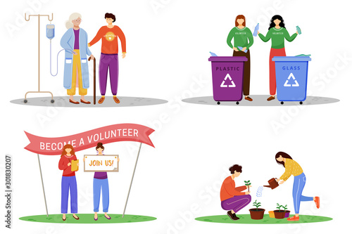 Voluntary works flat vector illustrations set. Young philanthropists, activists isolated cartoon characters. Elderly nursing, waste management, public volunteers agitation and trees planting