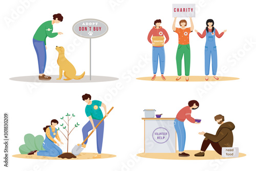 Voluntary activities flat vector illustrations set. Young volunteers, social activists isolated cartoon characters. Animal adoption, charity donation, environment protection and feeding homeless