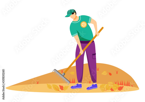 Volunteer cleaning leaves flat vector illustration. Community service worker in uniform isolated cartoon character on white background. Environmental activist working with rakes. Seasonal chores
