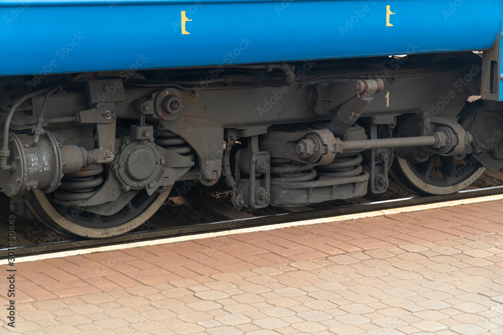 railway engine and wheelset of passenger locomotive on the railway
