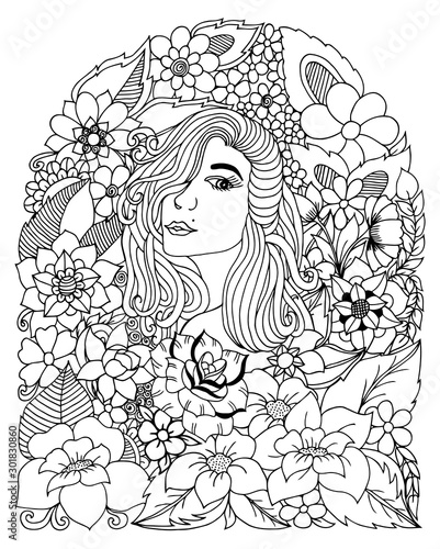 Vector illustration portrait of a girl among the flowers. Coloring book anti stress for adults. Black white.