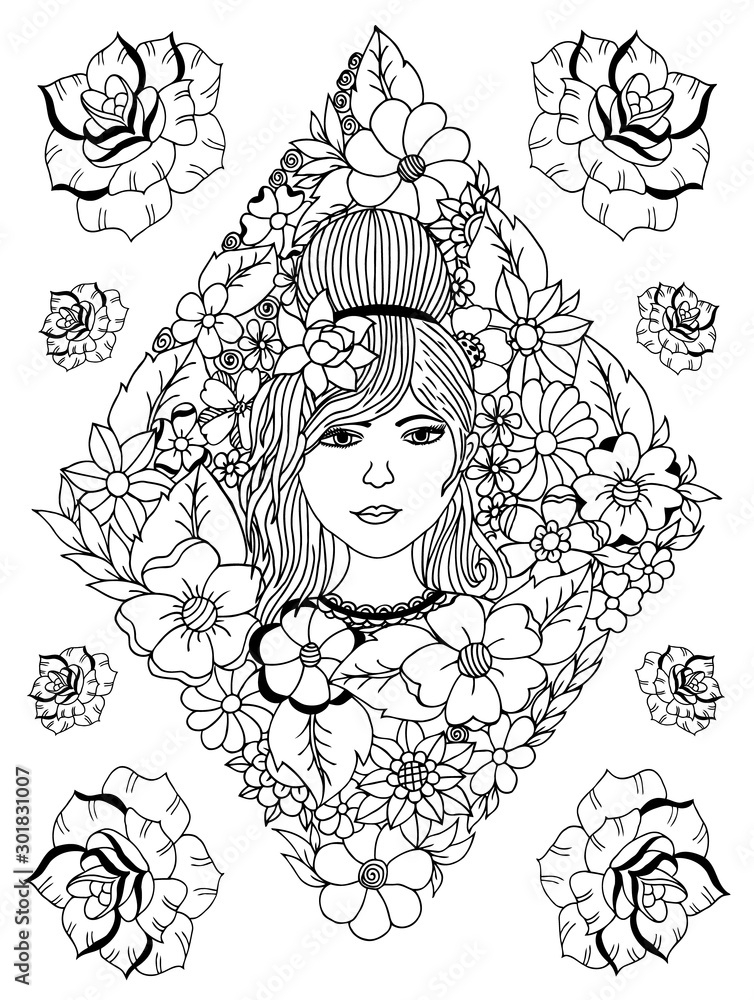 Vector illustration portrait of a girl with hairstyle among the flowers in the rhombic design. Coloring book anti stress for adults. Black and white. Vector illustration portrait of a girl with hairstyle among the flowers in the rhombic design. Coloring book anti stress for adults. Black and white.