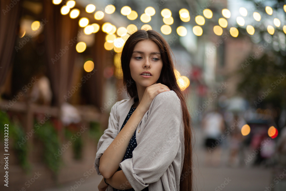 Fototapeta premium Amazing girl with long hair wears shirt