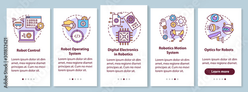 Robotics courses onboarding mobile app page screen with linear concepts. Robots learning and development walkthrough steps graphic instructions. UX, UI, GUI vector template with illustrations