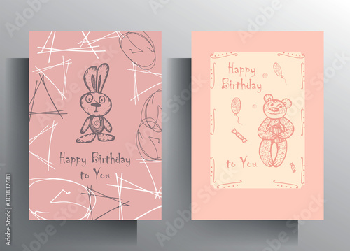 Set of birthday cards. A cute character in pastel colors is manually drawn. Vector 10 EPS.