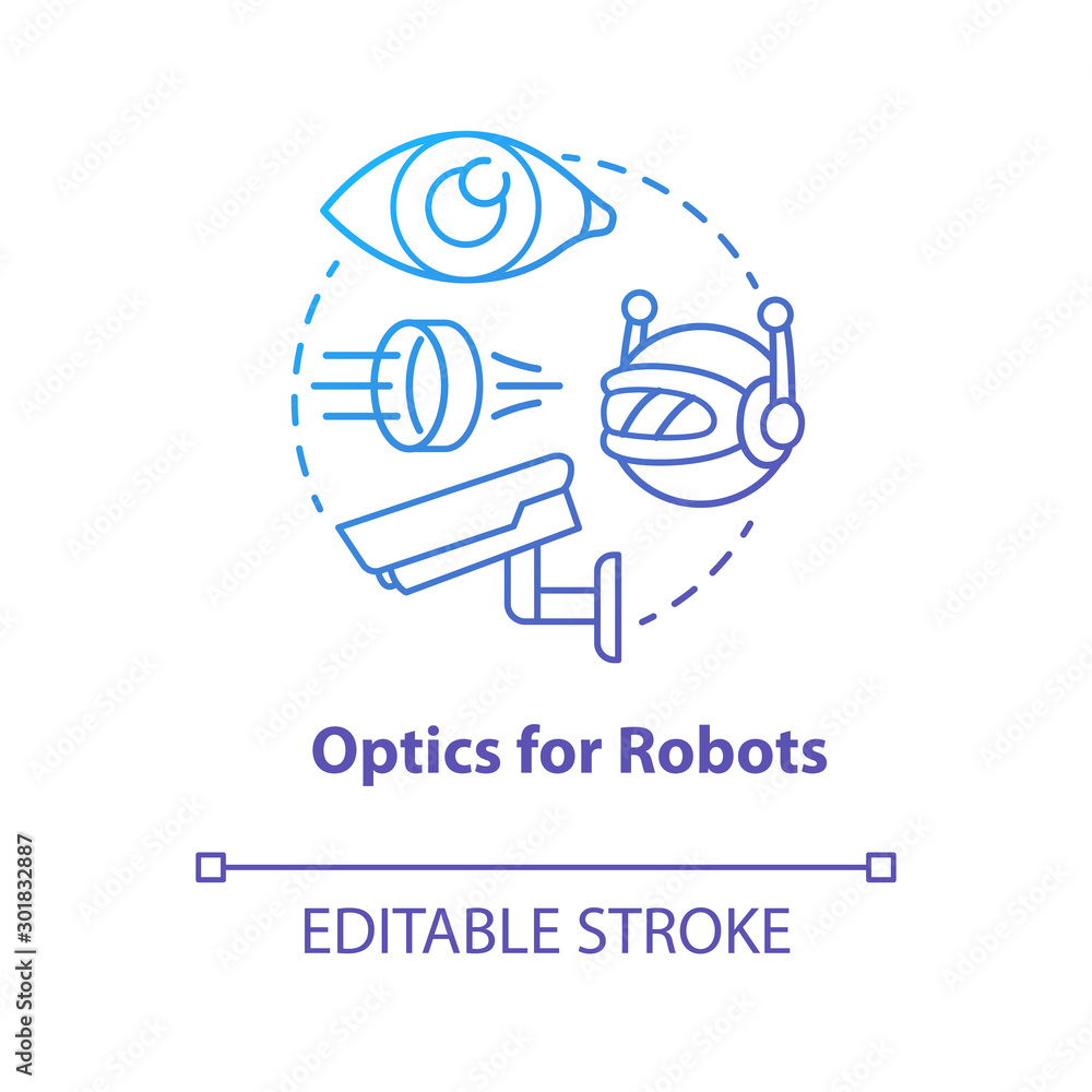 Optics for robots blue gradient concept icon. Robotic lenses idea thin line illustration. Innovative cctv cameras. Futuristic glass for electronics. Vector isolated outline drawing. Editable stroke Optics for robots blue gradient concept icon. Robotic lenses idea thin line illustration. Innovative cctv cameras. Futuristic glass for electronics. Vector isolated outline drawing. Editable stroke