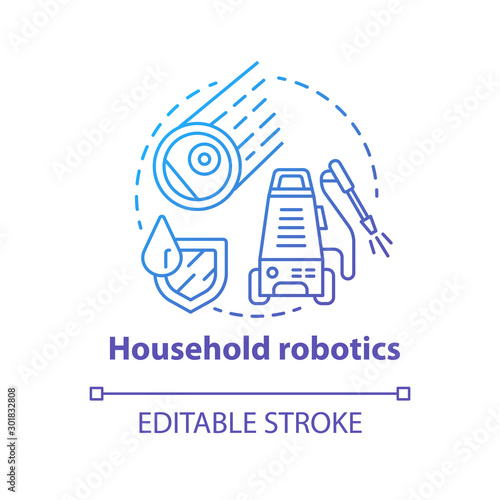 Household robotics blue gradient concept icon. Domestic robot idea thin line illustration. Modern futuristic technologies. Automated cleaning machines. Vector isolated outline drawing. Editable stroke