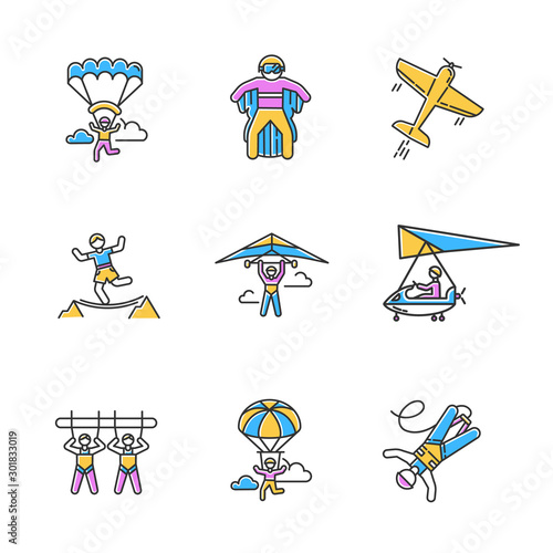 Air extreme sports color icons set. Skydiving, parachuting, hang gliding, wingsuiting. Aerobatics, highlining, paragliding. Giant swing, bungee jumping, sky microlighting. Isolated vector illustration