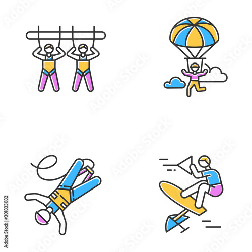 Air extreme sports color icons set. Giant swing, parachuting, bungee jumping and wakeboarding. Outdoor activities. Adrenaline entertainment and risky recreation. Isolated vector illustrations