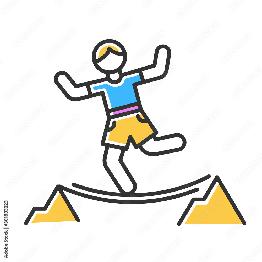 Highlining color icon. Slacklining. Walking and balancing on tightrope. Slackliner in mountains. Extreme sport stunt. Walker on rope. Isolated vector illustration Highlining color icon. Slacklining. Walking and balancing on tightrope. Slackliner in mountains. Extreme sport stunt. Walker on rope. Isolated vector illustration