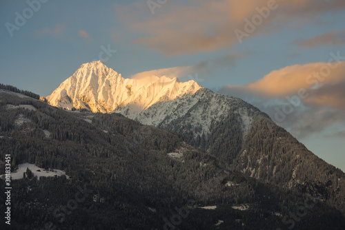 Evening landscape, view of the Austrian town Mayrhofen in Tirol. © Evgenii Starkov