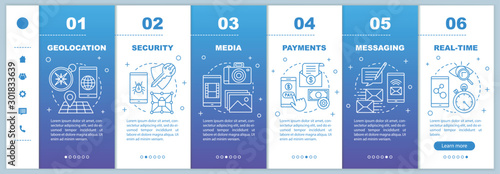 App development onboarding mobile web pages vector template. Media, security. Responsive smartphone website interface idea with linear illustrations. Webpage walkthrough step screens. Color concept