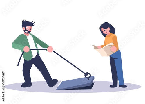 Friends in quest room flat vector illustration. Woman reading map, man opening basement isolated cartoon characters on white background. Couple in escape room looking for exit. Logic game