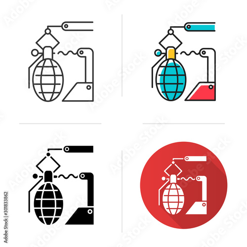 Arms industry icon. Defense technology. Military sector. Weapon development, production. Automatic grenades production line. Flat design, linear and color styles. Isolated vector illustrations