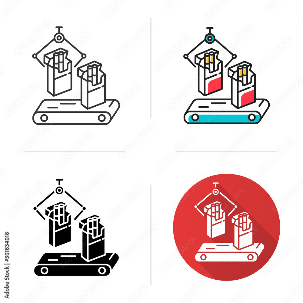 Tobacco industry icon. Conveyor cigarette production line. Products for smokers plant. Manufacturing of packs of cigarettes. Flat design, linear and color styles. Isolated vector illustrations