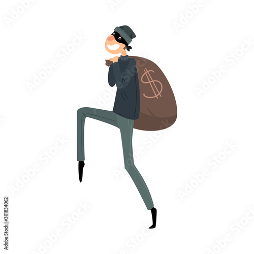 Sneaking thief in mask and black suit with a bag of money. Vector illustration in flat cartoon style.