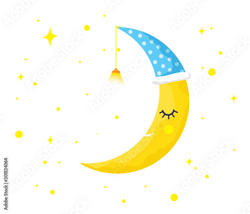 Sleeping yellow Moon with stars - vector.