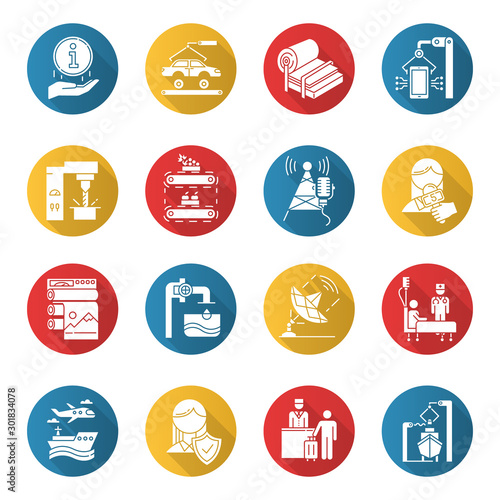 Industry types flat design long shadow glyph icons set. News, media. Broadcasting. Shipbuilding. Pulp and paper production. Publishing. Healthcare. Hospitality industry. Vector silhouette illustration