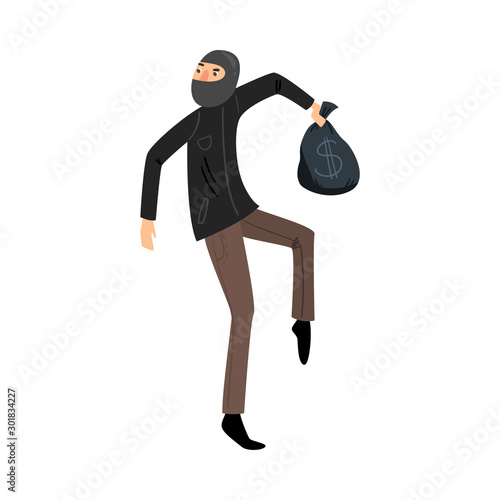 Sneaking thief in black mask with a bag of money. Vector illustration in flat cartoon style.