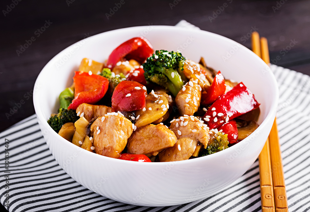 Stir fry with chicken, mushrooms, broccoli and peppers. Chinese food. Stir fry with chicken, mushrooms, broccoli and peppers. Chinese food.
