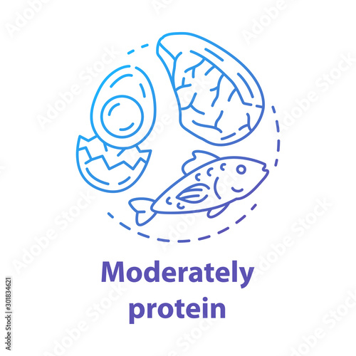 Moderately protein blue gradient concept icon. Ketogenic diet idea thin line illustration. Moderate keto nutrition. Healthy food, meal. Egg, fish, meat. Vector isolated outline drawing
