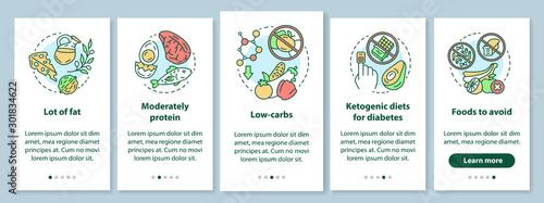 Keto diet onboarding mobile app page screen with linear concepts. Healthy nutrition. Low carbs and lot of fat eating walkthrough steps graphic instructions. UX, UI, GUI template with illustrations